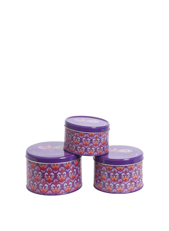 GLISTENDECOR Circular Tin Storage Box | Airtight Metal Containers for Cookies, Biscuits | Multipurpose Kitchen Organizer for Beads, Buttons & Essentials | Durable & Decorative - Pack of 3 (Purple) - Image 1